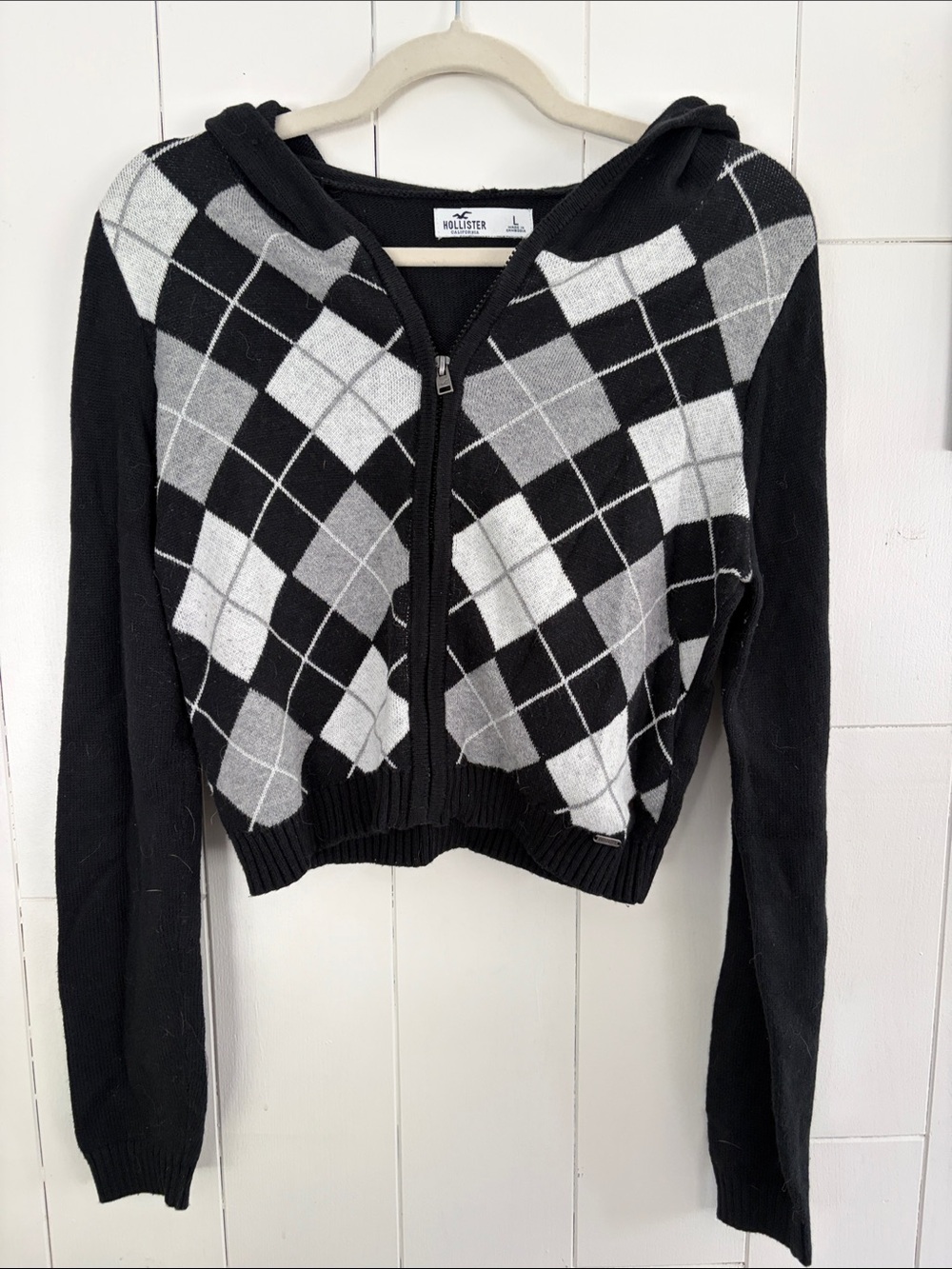 Hollister Black & Gray Argyle Zip-Up Hoodie Cardigan